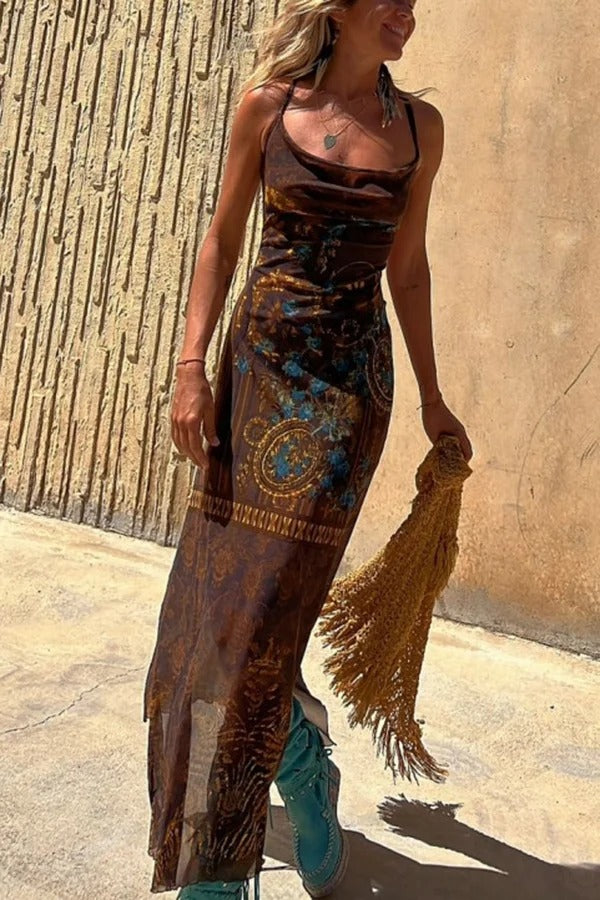 MW | Gypsy Style Einzigartiger Druck Cowl Neck Rücken Schnürung Schlitz Midi Kleid
