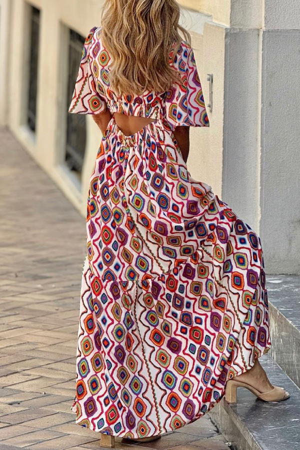 MW | Vintage V-Ausschnitt Kurzarm kariertes Midikleid