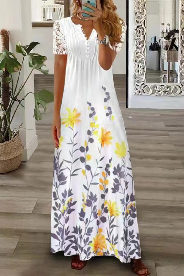 MW | Boho Floral V Hals Knopf Spitze Ärmel Urlaub Strand Maxi Kleid