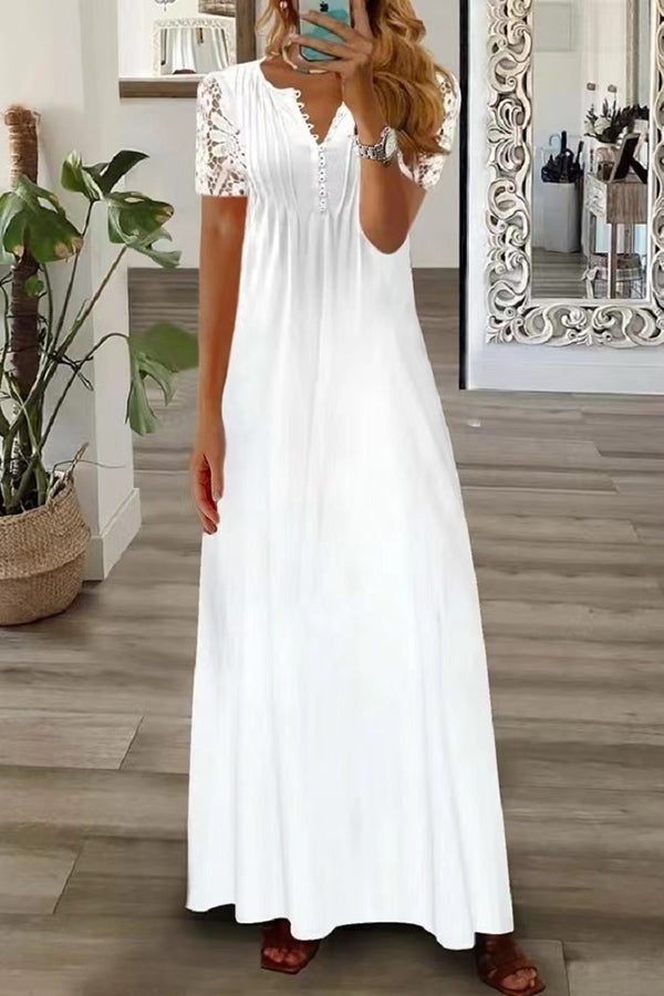 MW | Boho Floral V Hals Knopf Spitze Ärmel Urlaub Strand Maxi Kleid