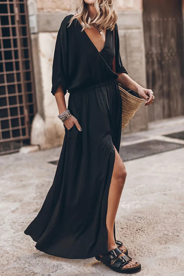 MW | Weiches und elegantes Kimono-Ärmel Stretchy Taille Pocketed Slit Maxi Kleid