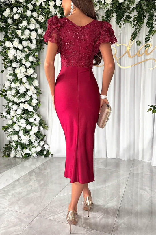 MW | Dreamy Luxus Spitze und Satin Patchwork Rüschen Ärmel geraffte Midi Kleid
