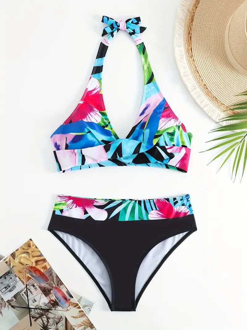 MW | Stylischer Random Print Halter Kreuz Bikini