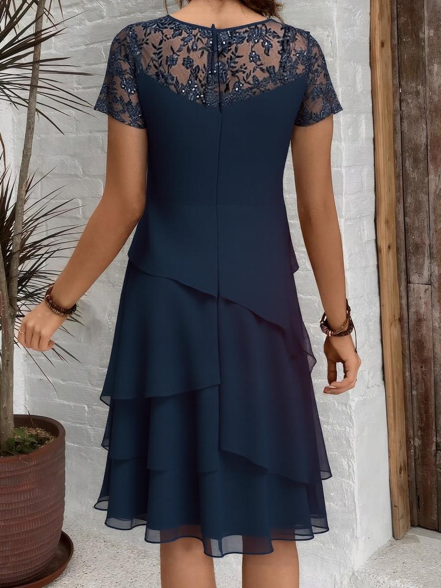 MW | Marineblaues einfarbiges Midikleid mit kurzen Ärmeln