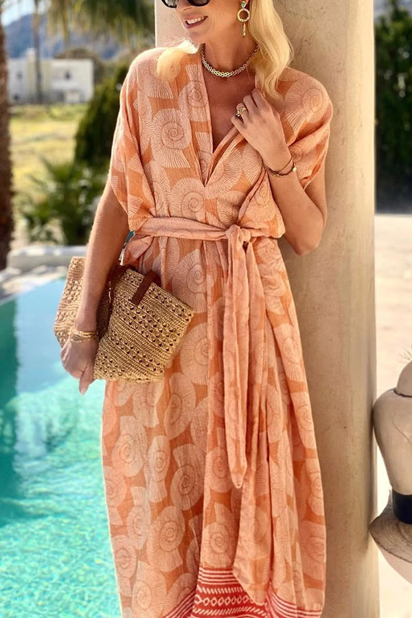MW | Fashion Conch Print V-Ausschnitt Lace-Up Strand Midi Kleid