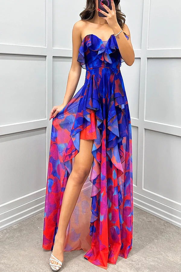 MW | Loving Moment Gradient Einzigartiger Druck Fließend Geschichtet Rüschen Trägerlos Schlitz Maxikleid