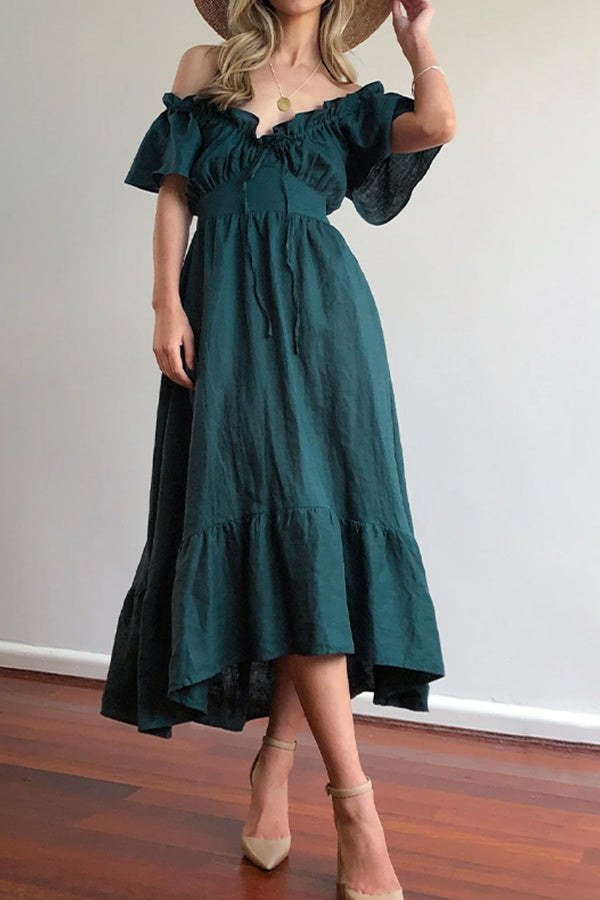 MW | GERÜSCHTER SAUM SCHULTERFREIES MIDIKLEID