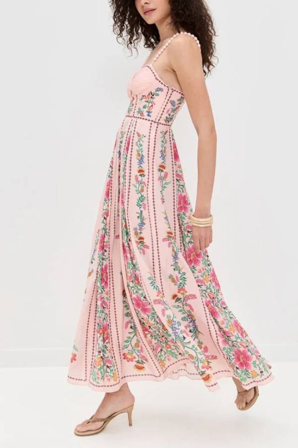 MW | Delicate Forest Einzigartige Druck Sweetheart Hals Perlen Riemen Maxi Kleid