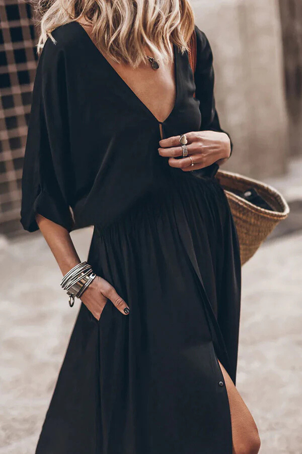 MW | Weiches und elegantes Kimono-Ärmel Stretchy Taille Pocketed Slit Maxi Kleid