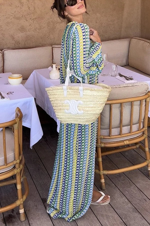 MW | Bondi Strand stricken bunte Welle drucken Langarm Urlaub Maxikleid