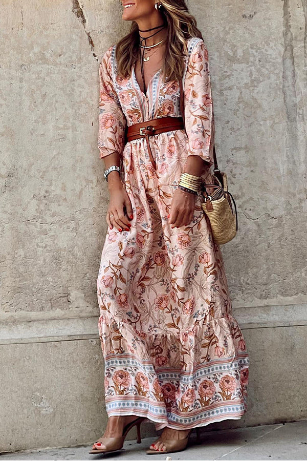 MW | Rosa Sexy Bohème Blumen V-Ausschnitt Rüschen Maxikleid