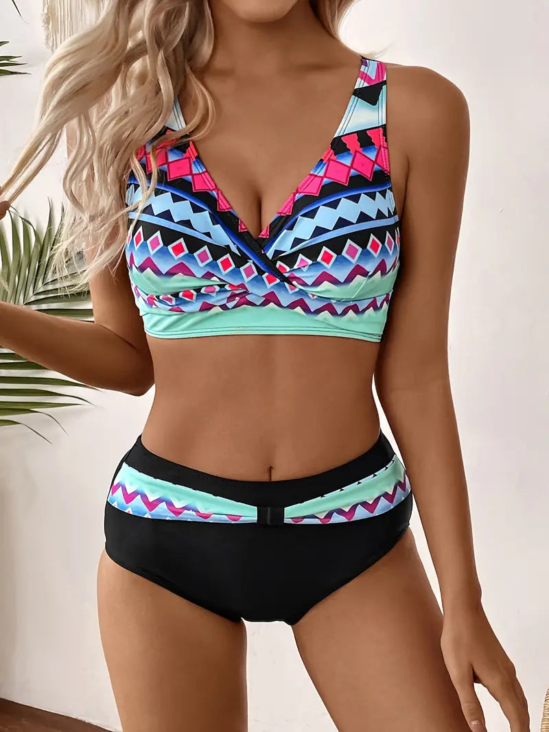 MW | Modischer und schicker Random Print V-Ausschnitt Bikini
