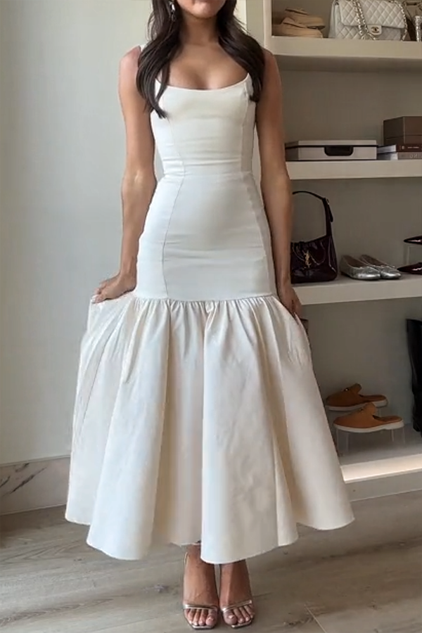 MW | Anmutige Silhouette Quadratischer Ausschnitt Breiter Riemen Tropfen Taille Midi Kleid
