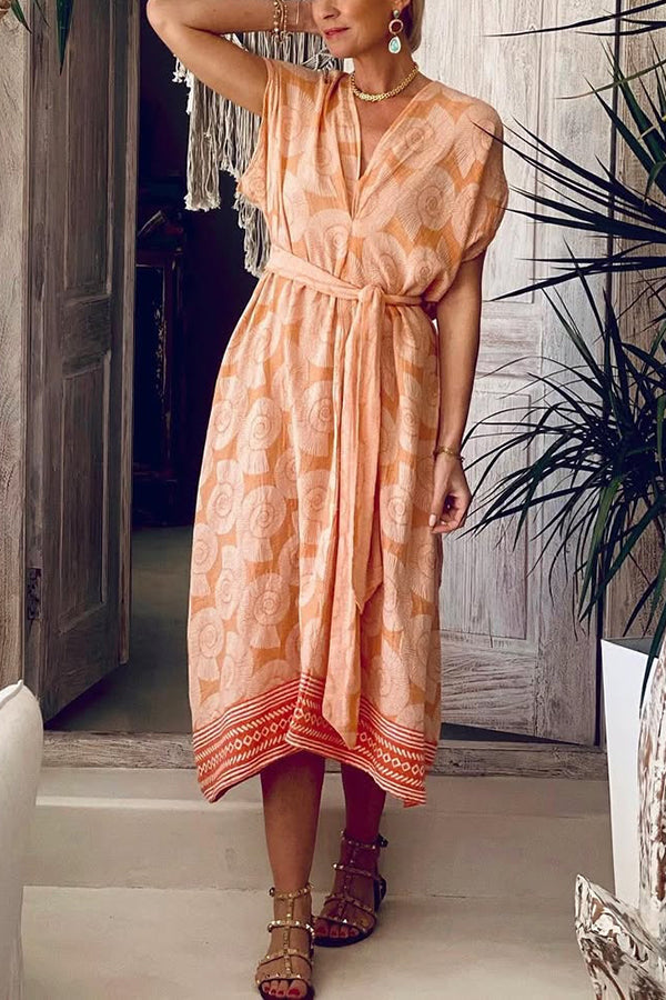 MW | Fashion Conch Print V-Ausschnitt Lace-Up Strand Midi Kleid