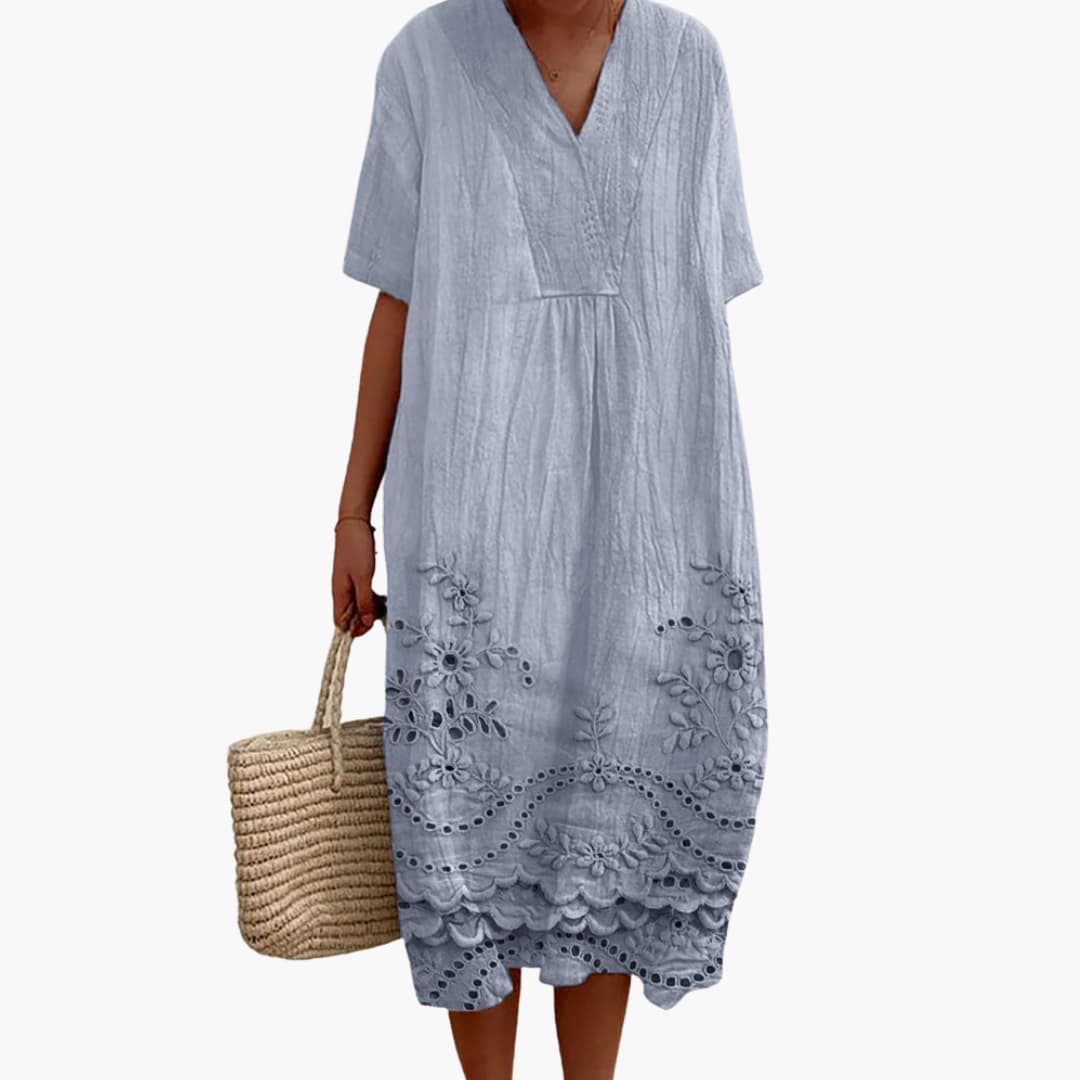 MW | Damen Sommer Midikleid mit Stickerei und kurzen Ärmeln