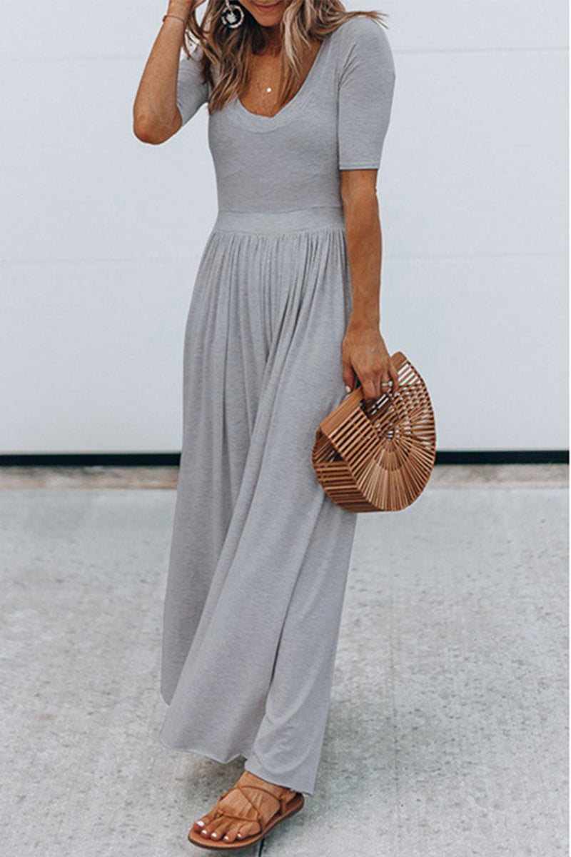 MW | Rundhalsausschnitt Kurzarm Langer Jumpsuit mit hoher Taille