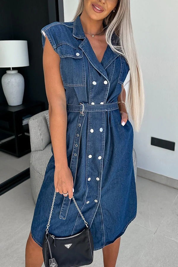 MW | Solide Farbe Lässig Revers Ärmellos Knopf Tasche Taille Krawatte Denim Midi Kleid
