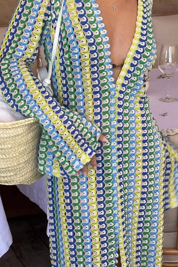 MW | Bondi Strand stricken bunte Welle drucken Langarm Urlaub Maxikleid