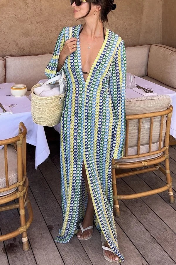 MW | Bondi Strand stricken bunte Welle drucken Langarm Urlaub Maxikleid
