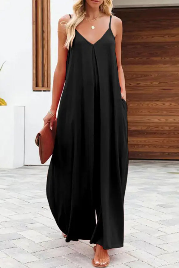 MW | Solide Farbe Seite Tasche lässig weites Bein Suspender Jumpsuit