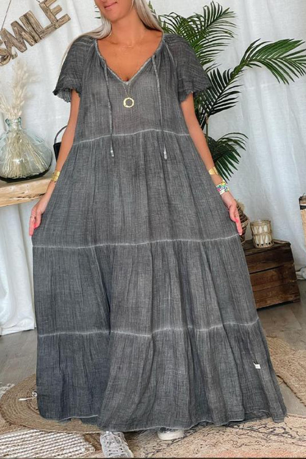 MW | Baumwolle und Leinen Patchwork Lässiges Maxikleid