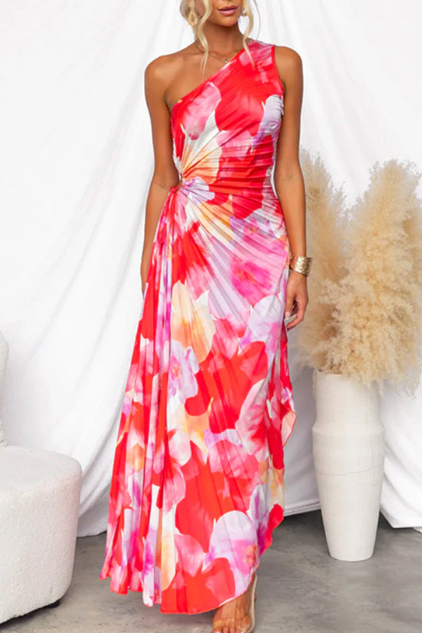 MW | One Shoulder Ärmelloses Asymmetrisches Maxikleid mit Plissee