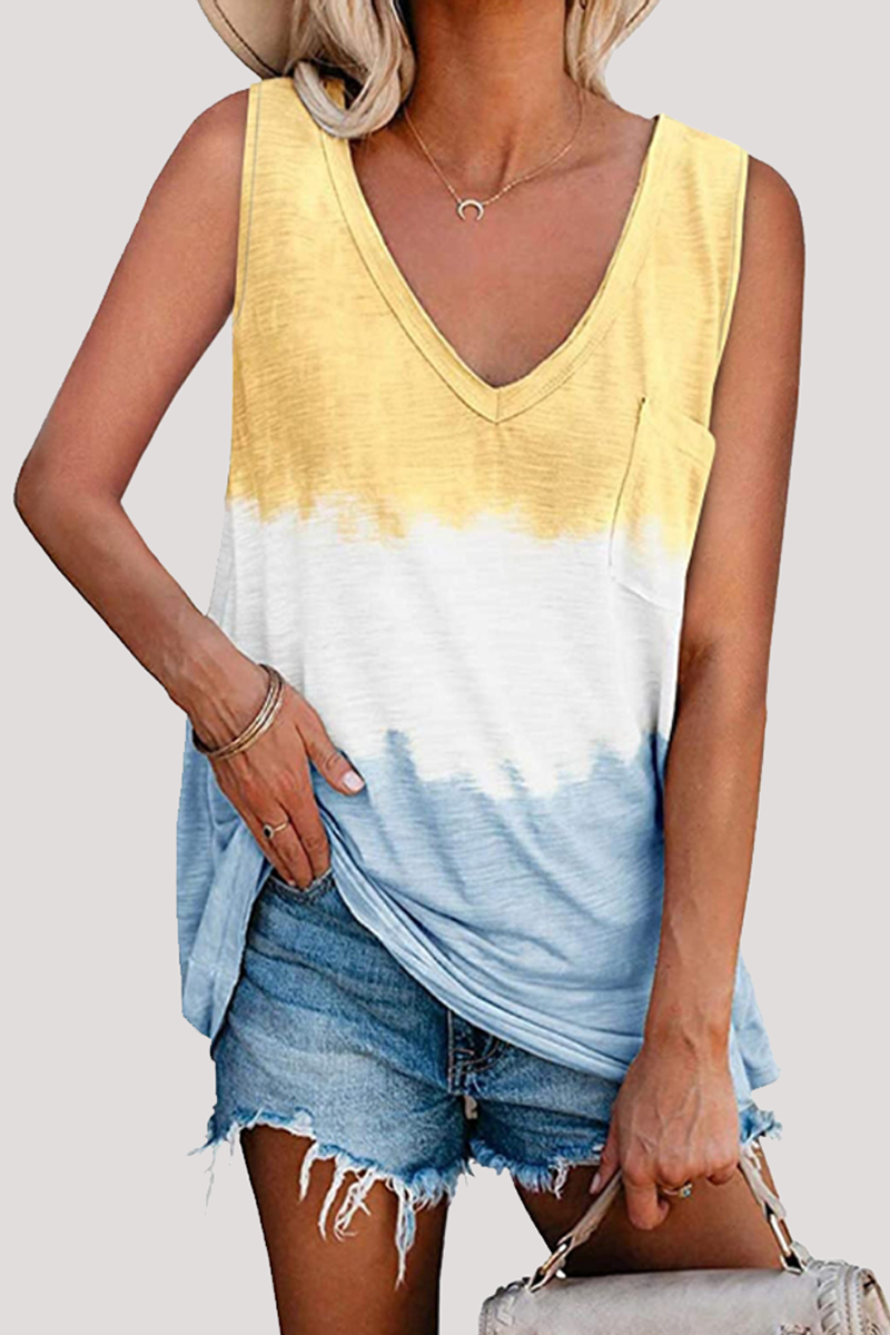 MW | Lässige Patchwork Krawatte Farbstoff Tasche V Hals T-Shirts