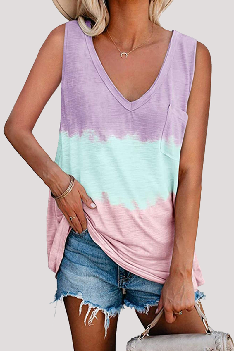 MW | Lässige Patchwork Krawatte Farbstoff Tasche V Hals T-Shirts