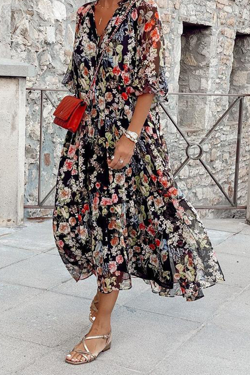MW | Casual Print Patchwork V-Ausschnitt Kuchen Rock Kleider