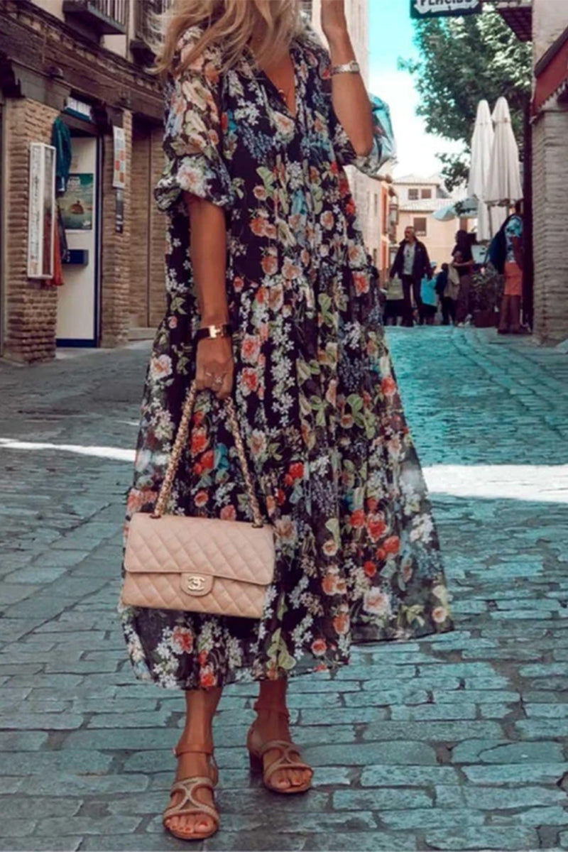 MW | Casual Print Patchwork V-Ausschnitt Kuchen Rock Kleider