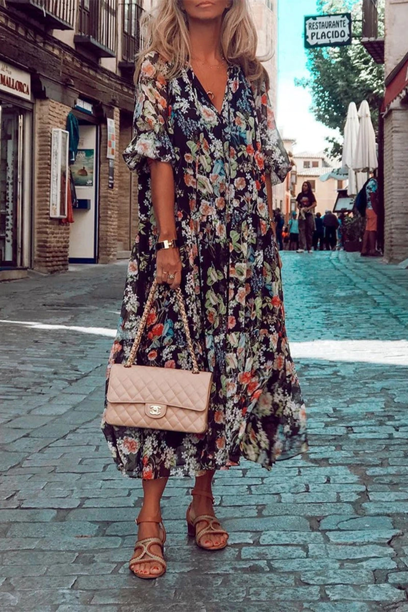 MW | Casual Print Patchwork V-Ausschnitt Kuchen Rock Kleider