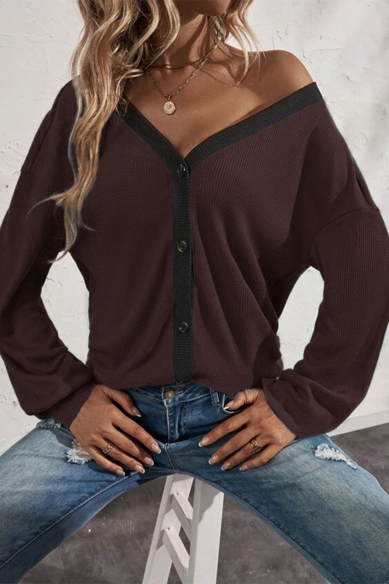 MW | Lässige solide Patchwork Knöpfe V-Ausschnitt T-Shirts (7 Farben)