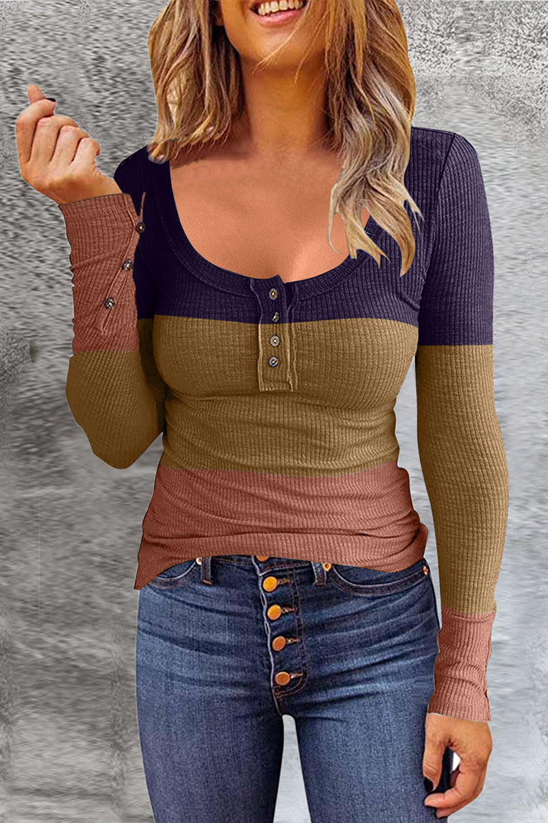 MW | Casual Gradual Change Farbe Block Patchwork Knöpfe O Neck T-Shirts (7 Farben)