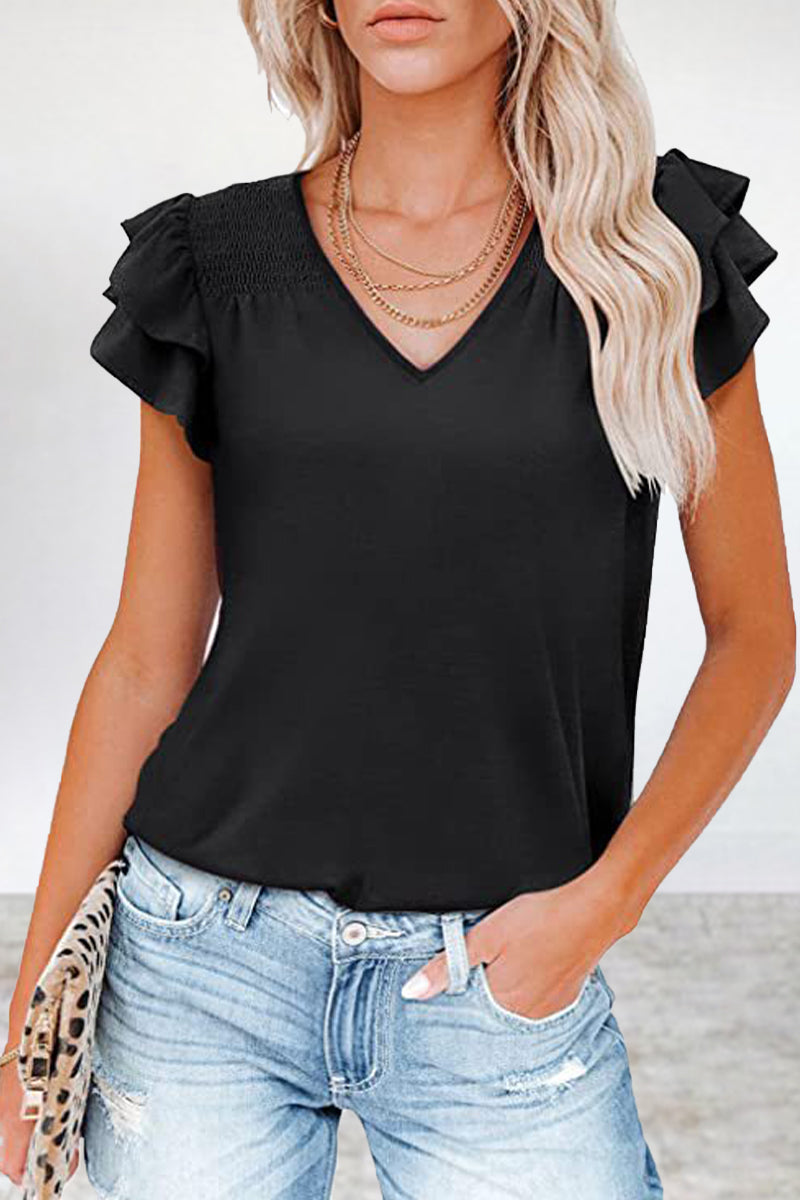 MW | Casual Einfachheit solide Volant V-Ausschnitt T-Shirts (5 Farben)