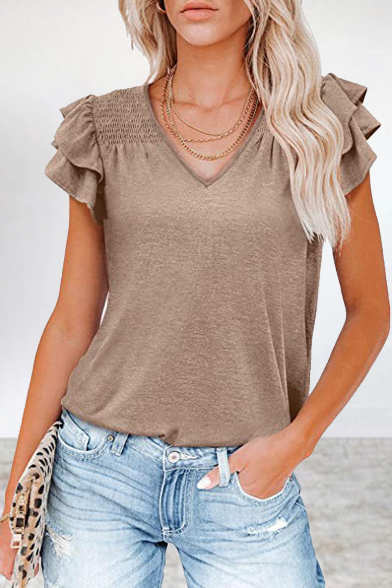 MW | Casual Einfachheit solide Volant V-Ausschnitt T-Shirts (5 Farben)