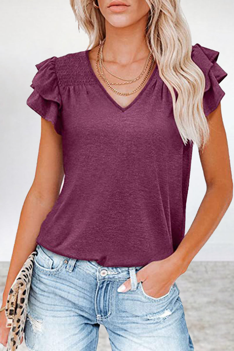MW | Casual Einfachheit solide Volant V-Ausschnitt T-Shirts (5 Farben)
