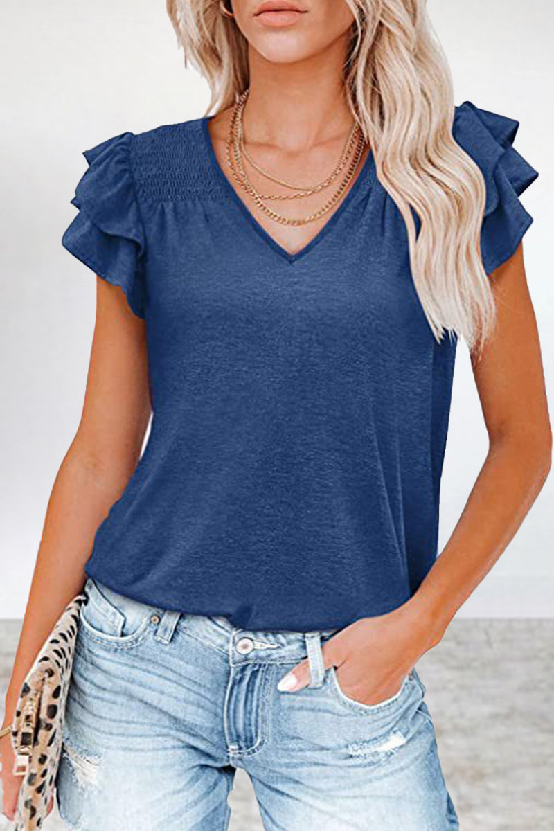 MW | Casual Einfachheit solide Volant V-Ausschnitt T-Shirts (5 Farben)