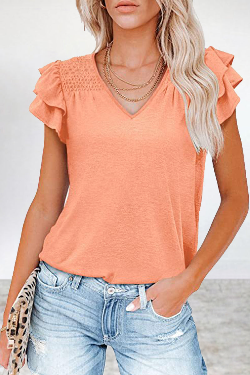 MW | Casual Einfachheit solide Volant V-Ausschnitt T-Shirts (5 Farben)