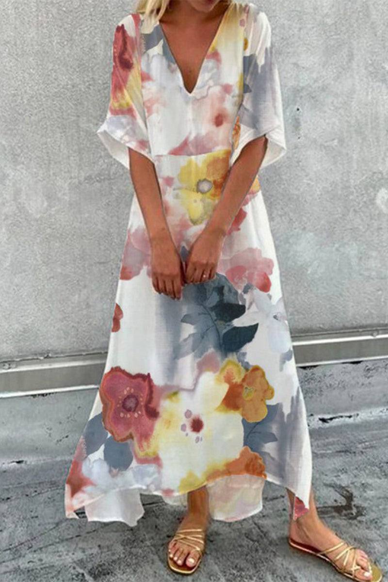 MW | Casual Urlaub Print Patchwork V-Ausschnitt A Line Kleider (4 Farben)