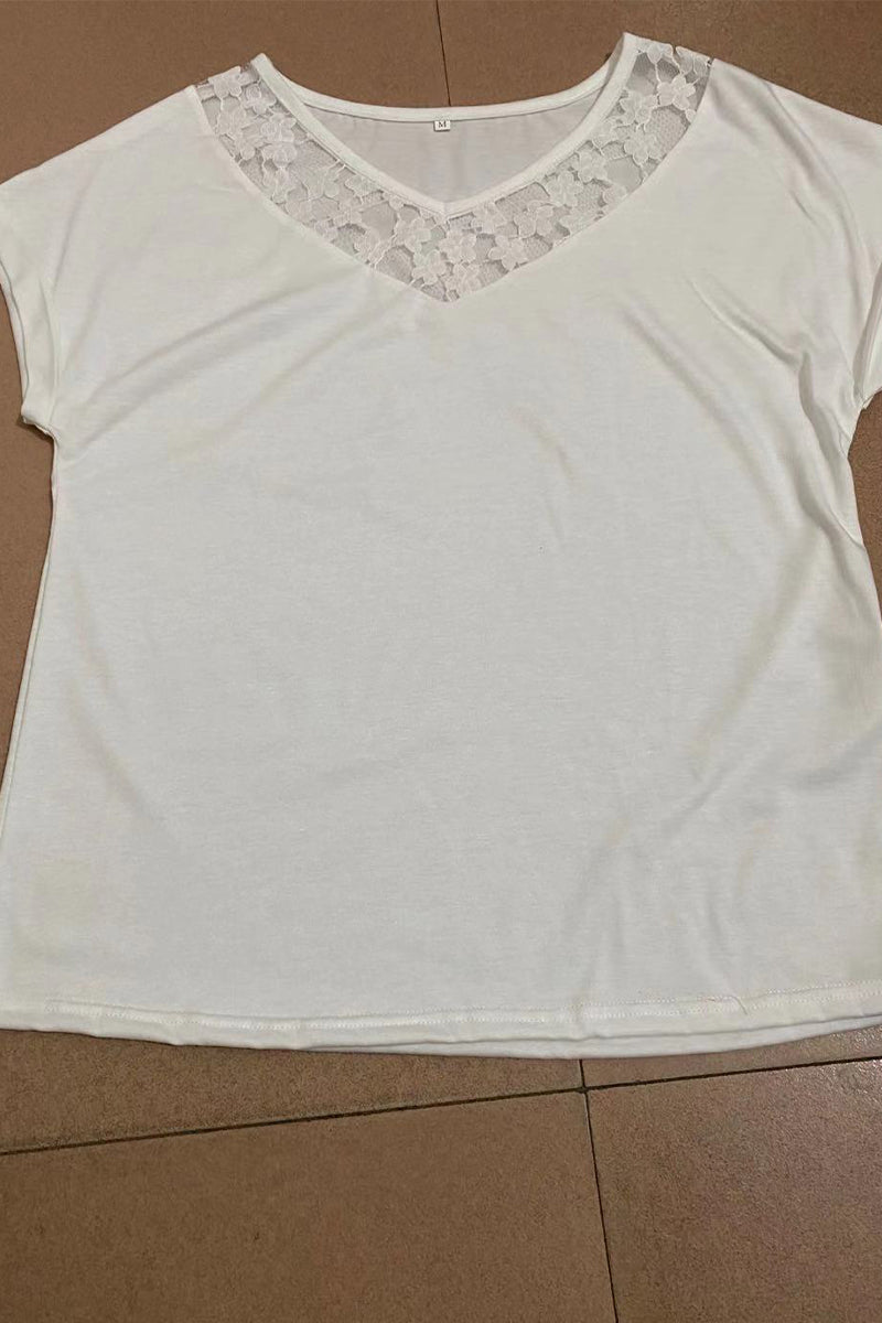MW | Lässige solide Spitze Patchwork V-Ausschnitt T-Shirts (3 Farben)
