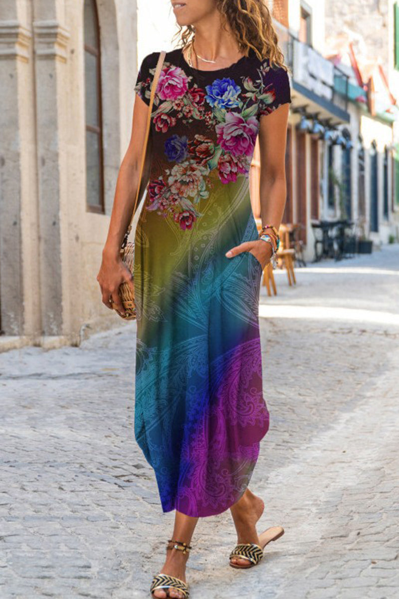 MW | Casual Street Print Patchwork O Hals kurze Ärmel Kleider Kleider (10 Farben)