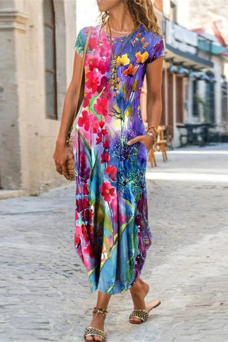 MW | Casual Street Print Patchwork O Hals kurze Ärmel Kleider Kleider (10 Farben)