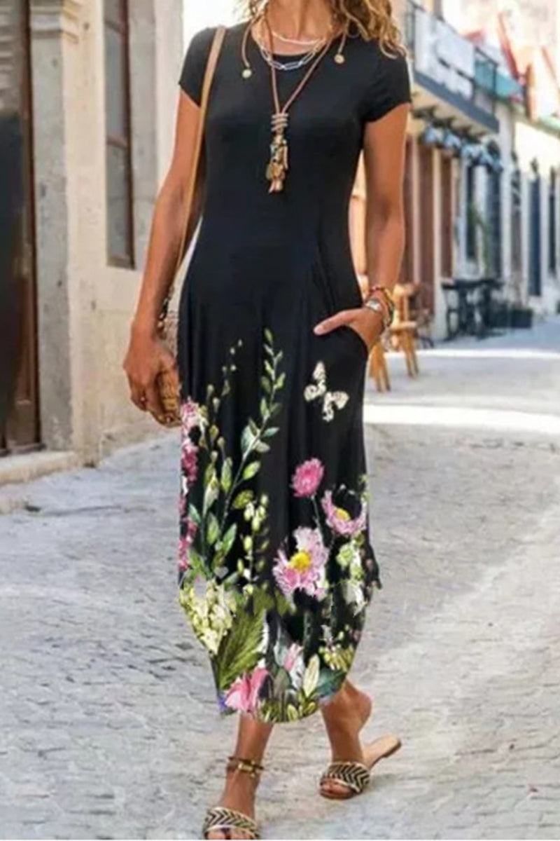 MW | Casual Street Print Patchwork O Hals kurze Ärmel Kleider Kleider (10 Farben)