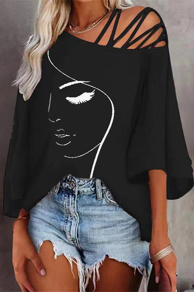 MW | Casual Print Patchwork schrägen Kragen T-Shirts (5 Farben)