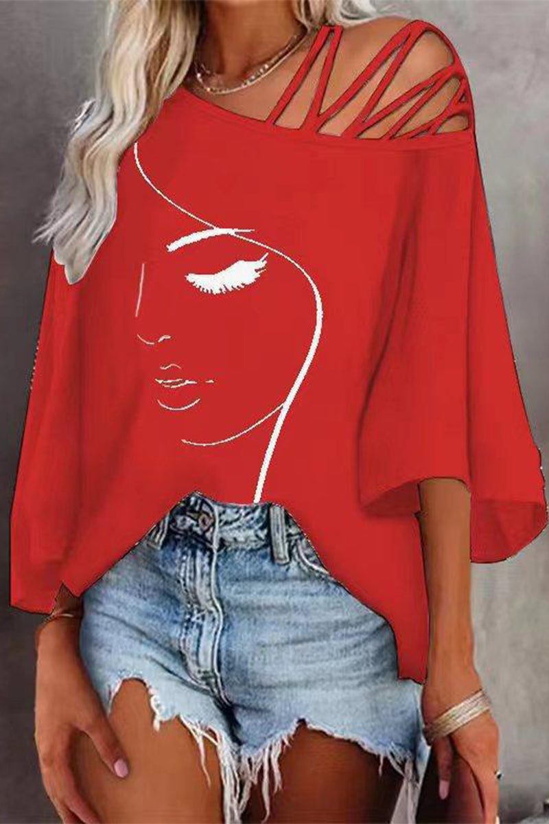 MW | Casual Print Patchwork schrägen Kragen T-Shirts (5 Farben)