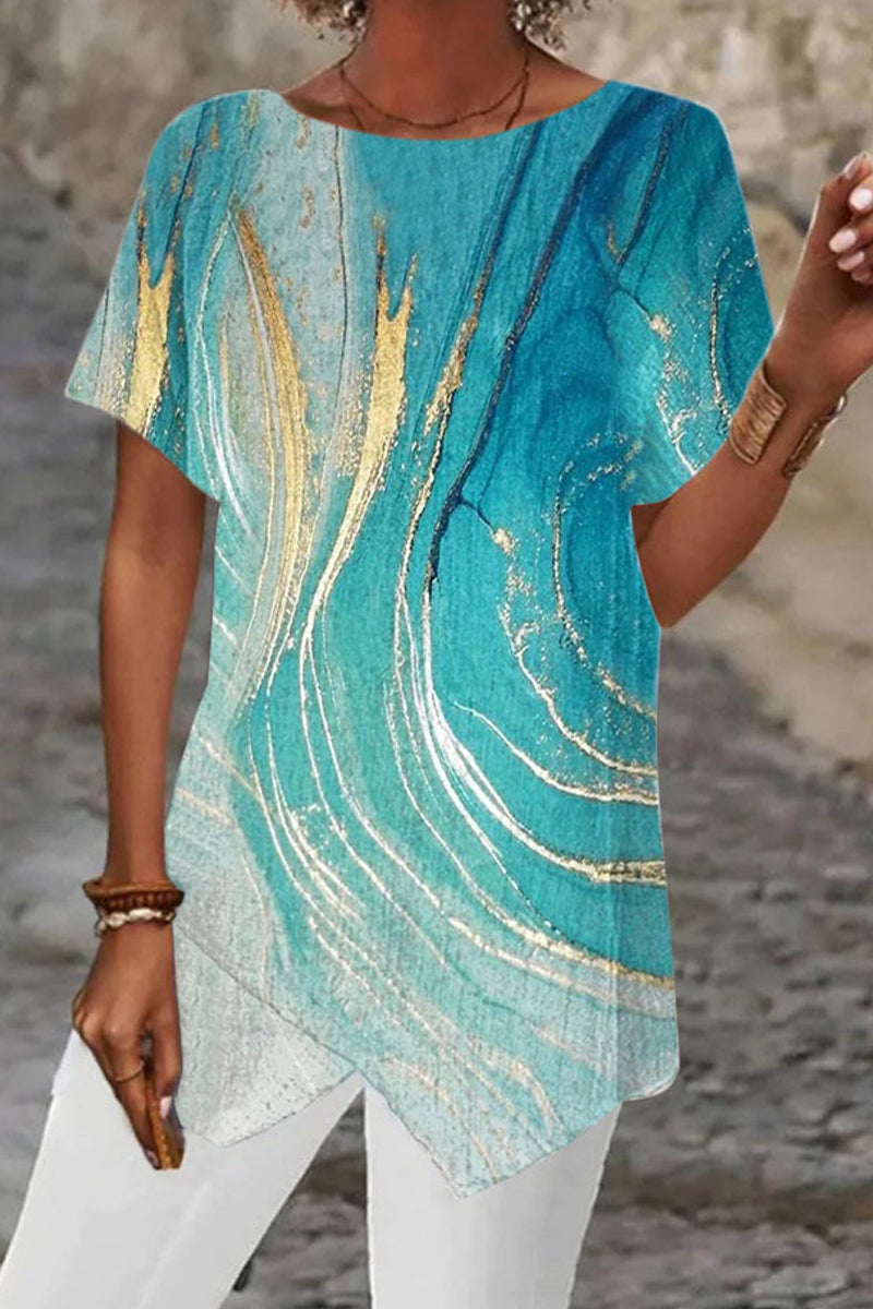MW | Casual College Geometric Print Patchwork O Neck T-Shirts (5 Farben)