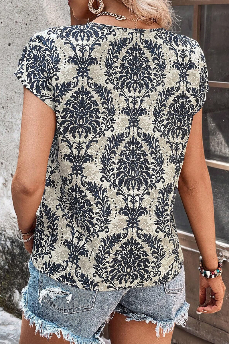 MW | Casual Vintage Floral Hollowed Out V Hals T-Shirts