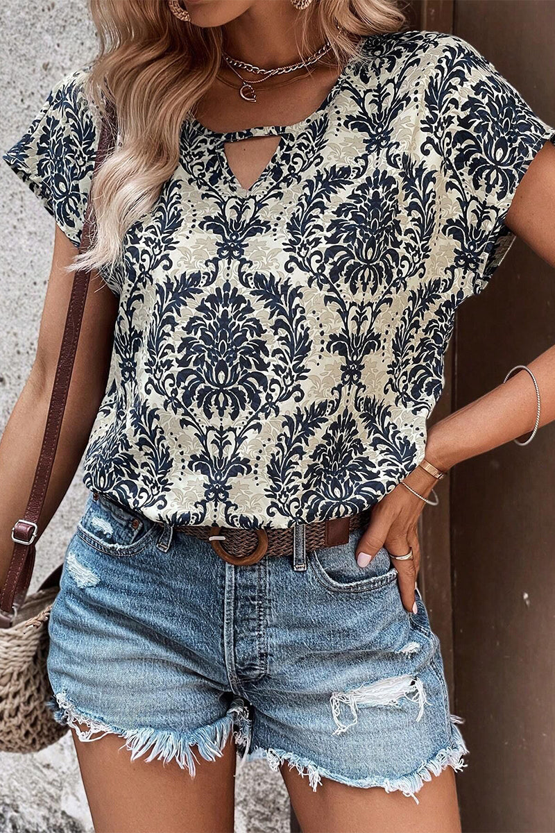 MW | Casual Vintage Floral Hollowed Out V Hals T-Shirts