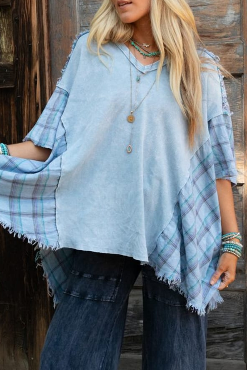 MW | Casual Plaid Distressed Patchwork Kontrast V Hals T-Shirts