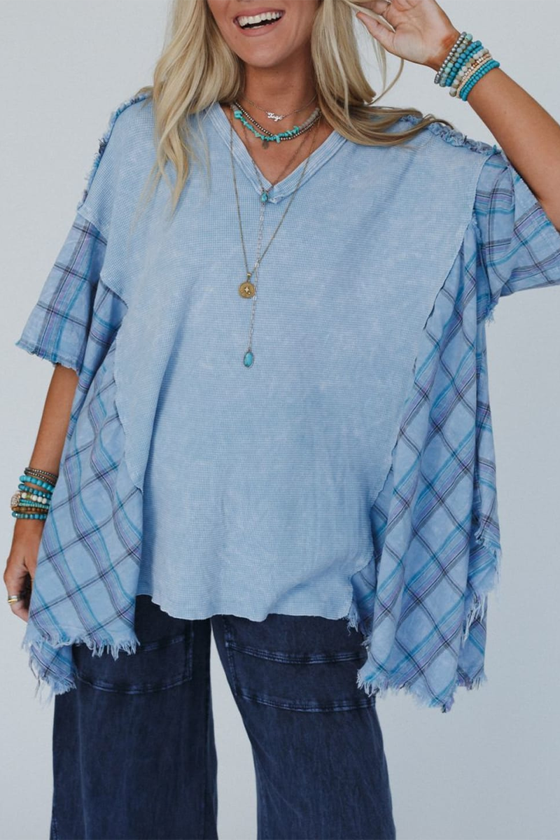 MW | Casual Plaid Distressed Patchwork Kontrast V Hals T-Shirts